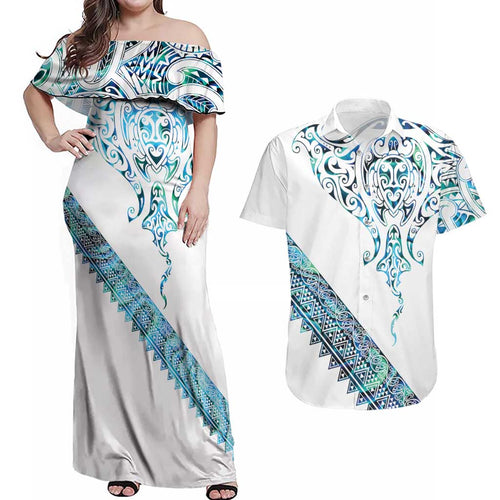 Kahui Whetu Paua shell Kowhaiwhai Taniko Personalised Couples Matching Off Shoulder Maxi Dress and Hawaiian Shirt Manta Ray Shark-Turtle Maori Tribal Style