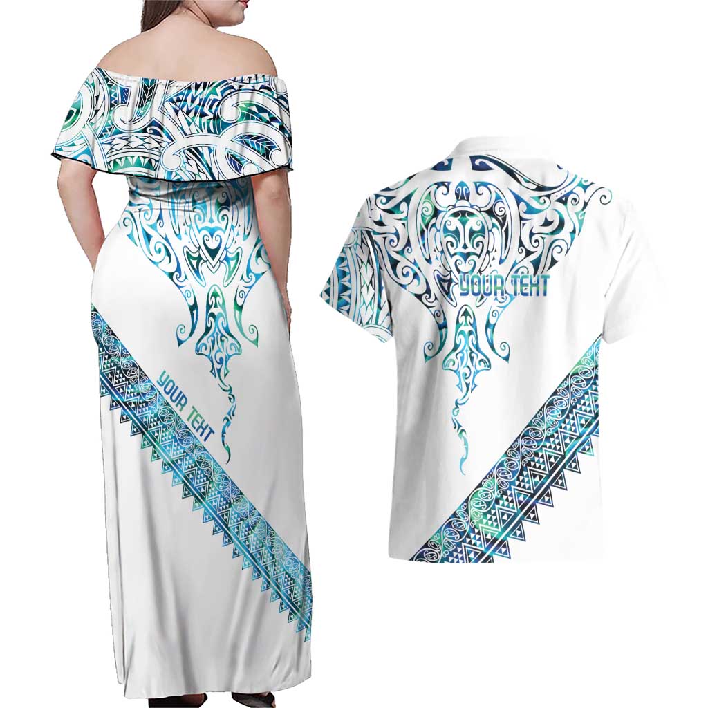 Kahui Whetu Paua shell Kowhaiwhai Taniko Personalised Couples Matching Off Shoulder Maxi Dress and Hawaiian Shirt Manta Ray Shark-Turtle Maori Tribal Style
