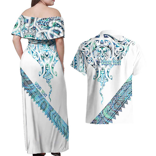 Kahui Whetu Paua shell Kowhaiwhai Taniko Personalised Couples Matching Off Shoulder Maxi Dress and Hawaiian Shirt Manta Ray Shark-Turtle Maori Tribal Style