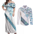 Kahui Whetu Paua shell Kowhaiwhai Taniko Personalised Couples Matching Off Shoulder Maxi Dress and Long Sleeve Button Shirt Manta Ray Shark-Turtle Maori Tribal Style