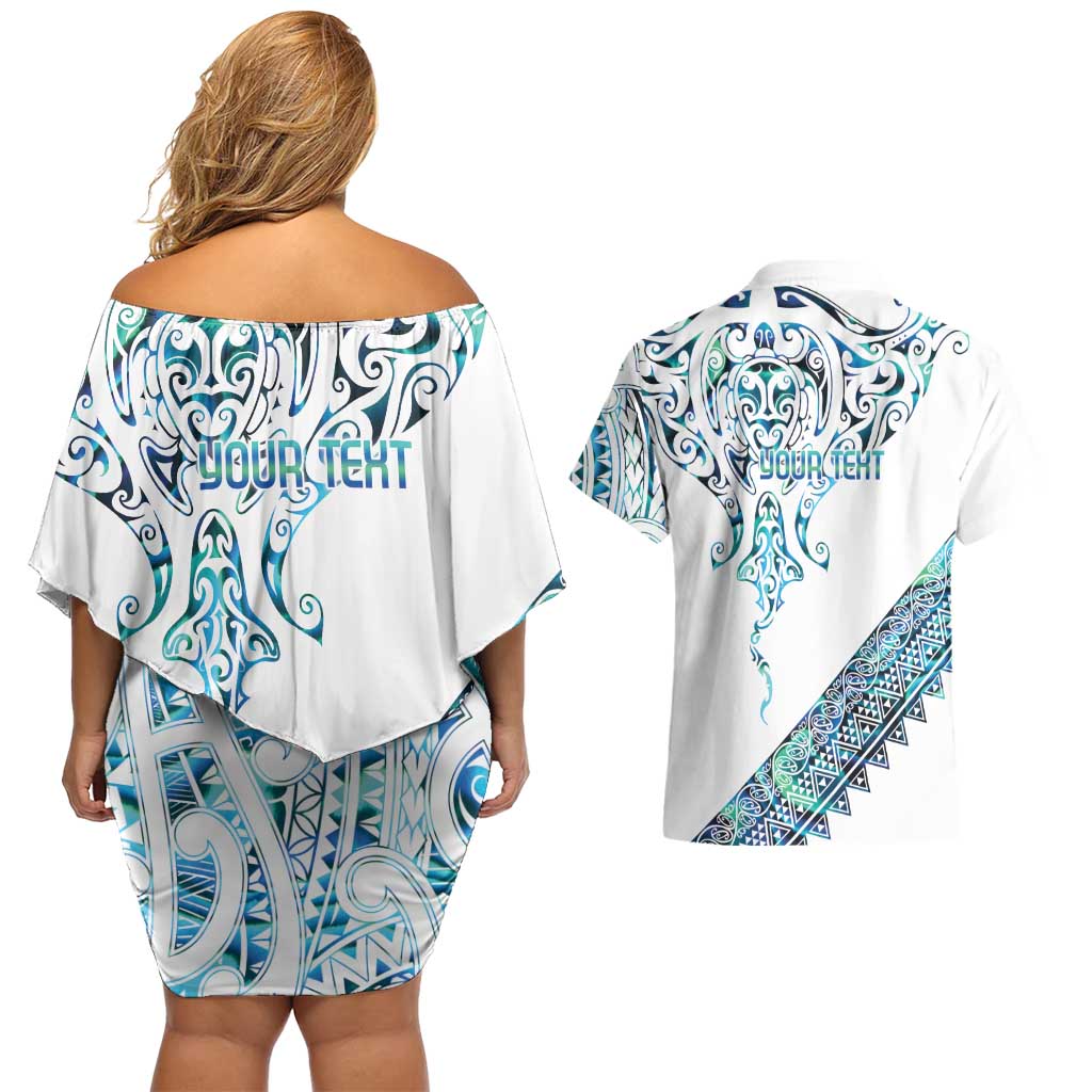 Kahui Whetu Paua shell Kowhaiwhai Taniko Personalised Couples Matching Off Shoulder Short Dress and Hawaiian Shirt Manta Ray Shark-Turtle Maori Tribal Style