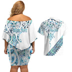 Kahui Whetu Paua shell Kowhaiwhai Taniko Personalised Couples Matching Off Shoulder Short Dress and Hawaiian Shirt Manta Ray Shark-Turtle Maori Tribal Style