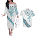 Kahui Whetu Paua shell Kowhaiwhai Taniko Personalised Couples Matching Off The Shoulder Long Sleeve Dress and Hawaiian Shirt Manta Ray Shark-Turtle Maori Tribal Style
