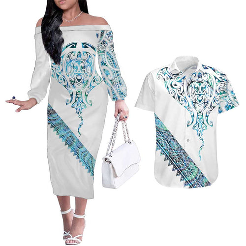 Kahui Whetu Paua shell Kowhaiwhai Taniko Personalised Couples Matching Off The Shoulder Long Sleeve Dress and Hawaiian Shirt Manta Ray Shark-Turtle Maori Tribal Style
