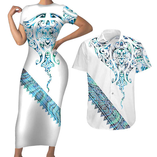 Kahui Whetu Paua shell Kowhaiwhai Taniko Personalised Couples Matching Short Sleeve Bodycon Dress and Hawaiian Shirt Manta Ray Shark-Turtle Maori Tribal Style