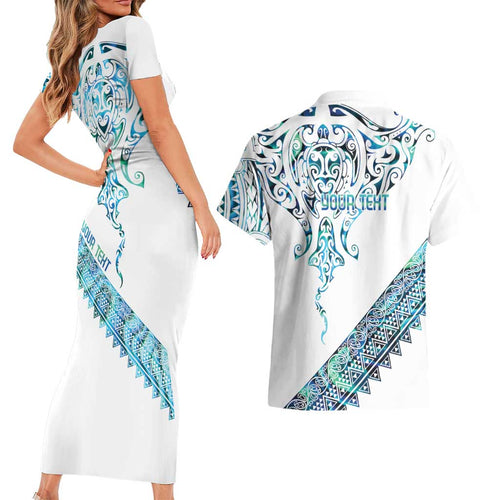 Kahui Whetu Paua shell Kowhaiwhai Taniko Personalised Couples Matching Short Sleeve Bodycon Dress and Hawaiian Shirt Manta Ray Shark-Turtle Maori Tribal Style
