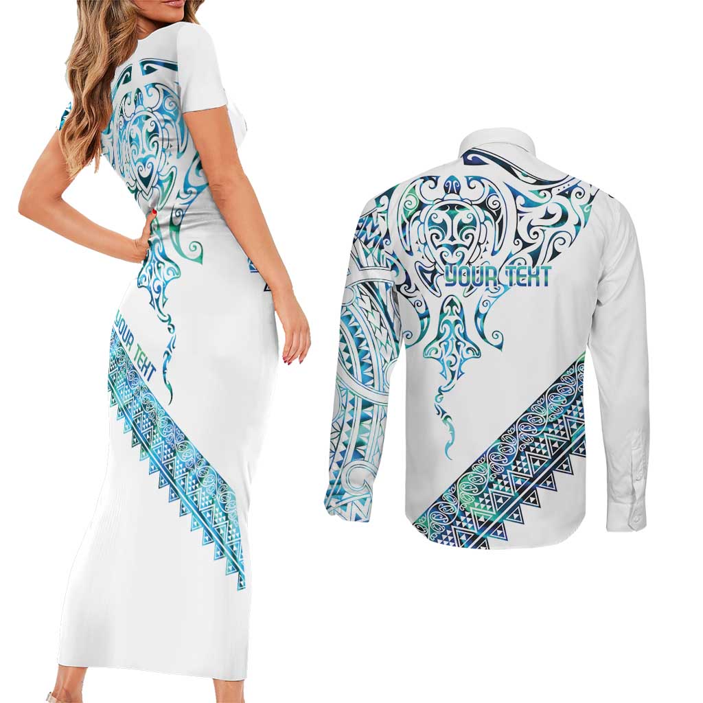 Kahui Whetu Paua shell Kowhaiwhai Taniko Personalised Couples Matching Short Sleeve Bodycon Dress and Long Sleeve Button Shirt Manta Ray Shark-Turtle Maori Tribal Style
