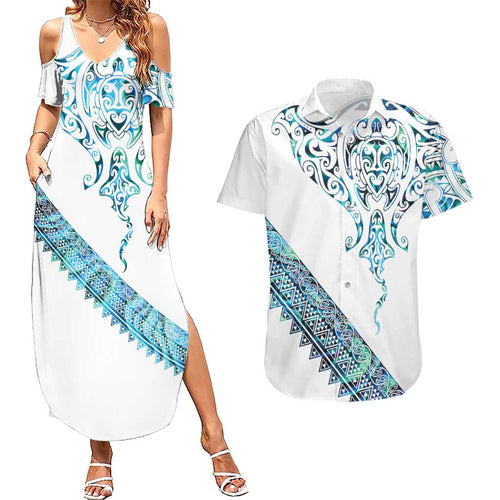 Kahui Whetu Paua shell Kowhaiwhai Taniko Personalised Couples Matching Summer Maxi Dress and Hawaiian Shirt Manta Ray Shark-Turtle Maori Tribal Style