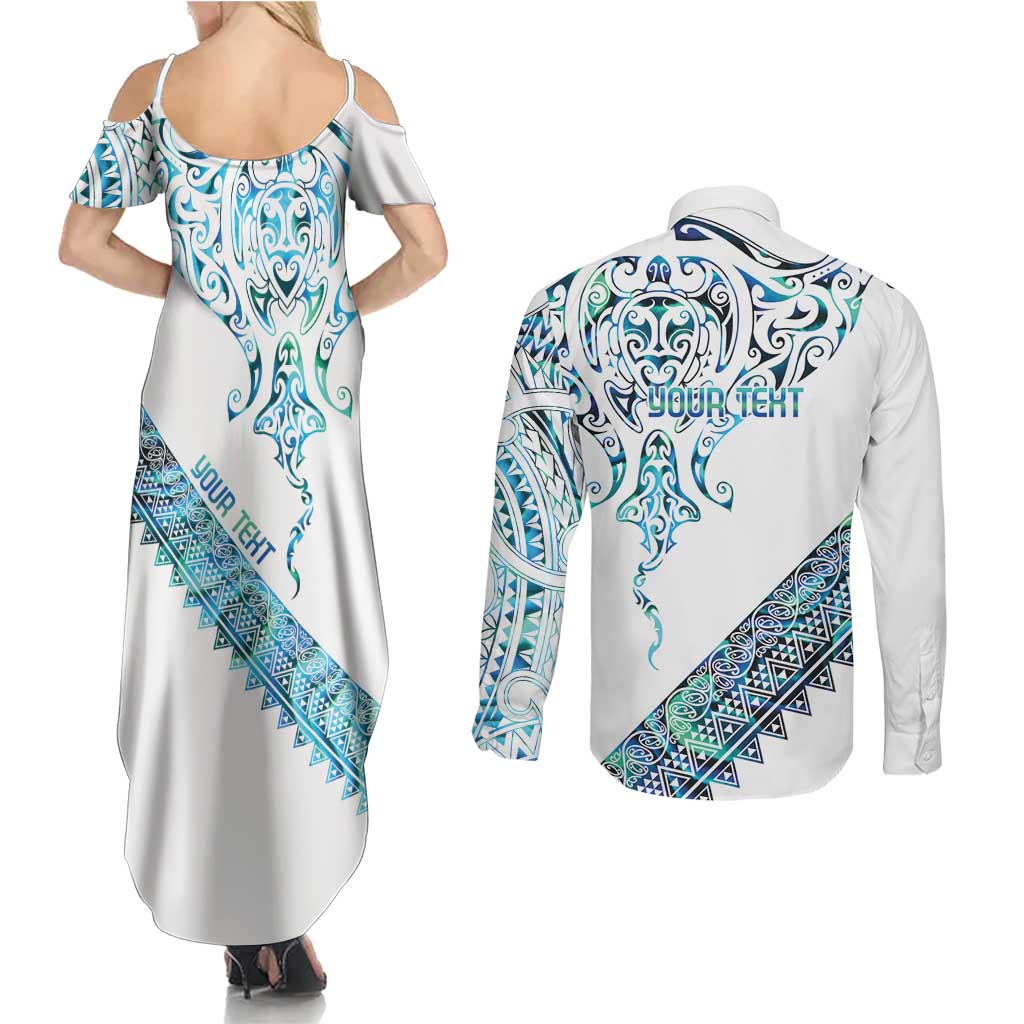 Kahui Whetu Paua shell Kowhaiwhai Taniko Personalised Couples Matching Summer Maxi Dress and Long Sleeve Button Shirt Manta Ray Shark-Turtle Maori Tribal Style