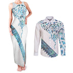Kahui Whetu Paua shell Kowhaiwhai Taniko Personalised Couples Matching Tank Maxi Dress and Long Sleeve Button Shirt Manta Ray Shark-Turtle Maori Tribal Style