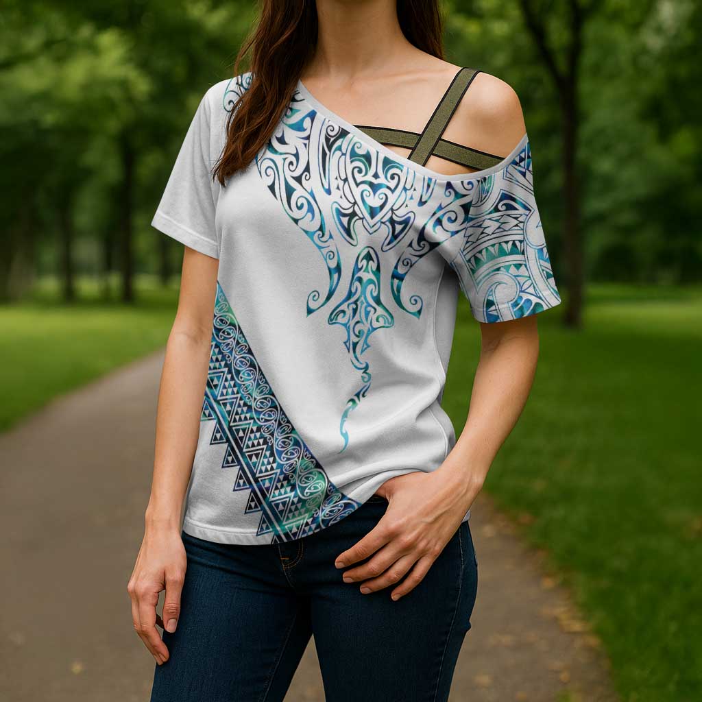 Kahui Whetu Paua shell Kowhaiwhai Taniko Personalised Cross Shoulder Shirt Manta Ray Shark-Turtle Maori Tribal Style
