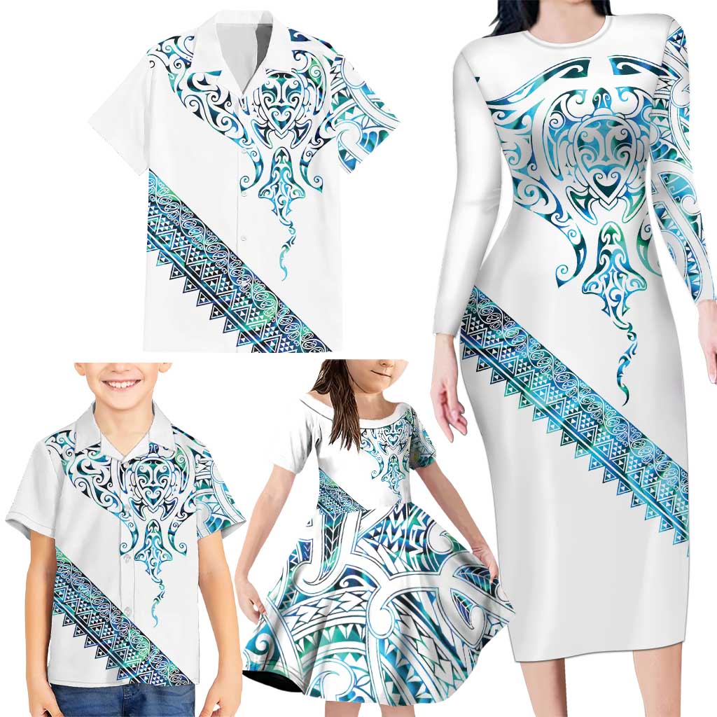 Kahui Whetu Paua shell Kowhaiwhai Taniko Personalised Family Matching Long Sleeve Bodycon Dress and Hawaiian Shirt Manta Ray Shark-Turtle Maori Tribal Style