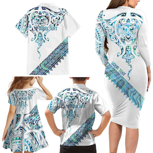 Kahui Whetu Paua shell Kowhaiwhai Taniko Personalised Family Matching Long Sleeve Bodycon Dress and Hawaiian Shirt Manta Ray Shark-Turtle Maori Tribal Style