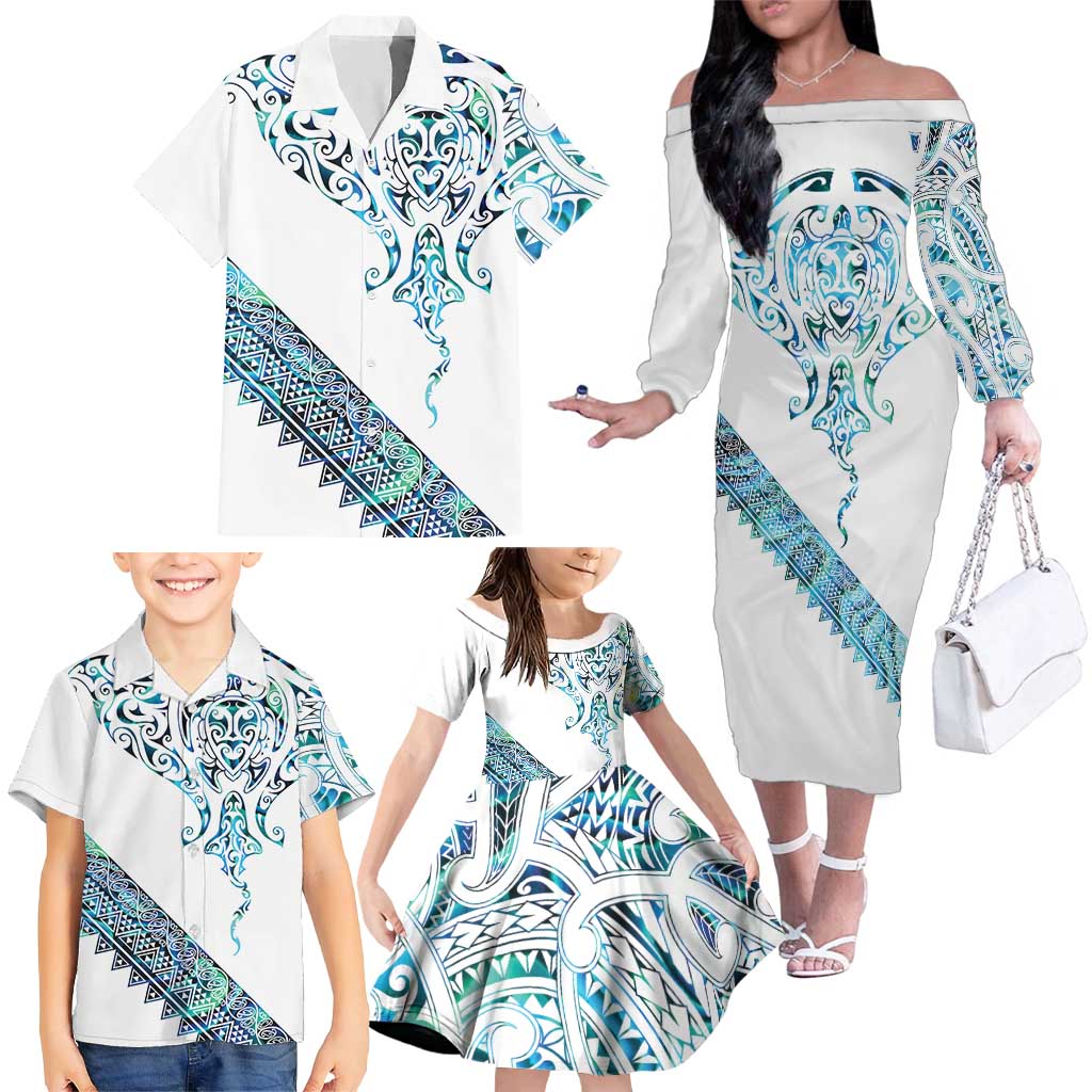Kahui Whetu Paua shell Kowhaiwhai Taniko Personalised Family Matching Off The Shoulder Long Sleeve Dress and Hawaiian Shirt Manta Ray Shark-Turtle Maori Tribal Style