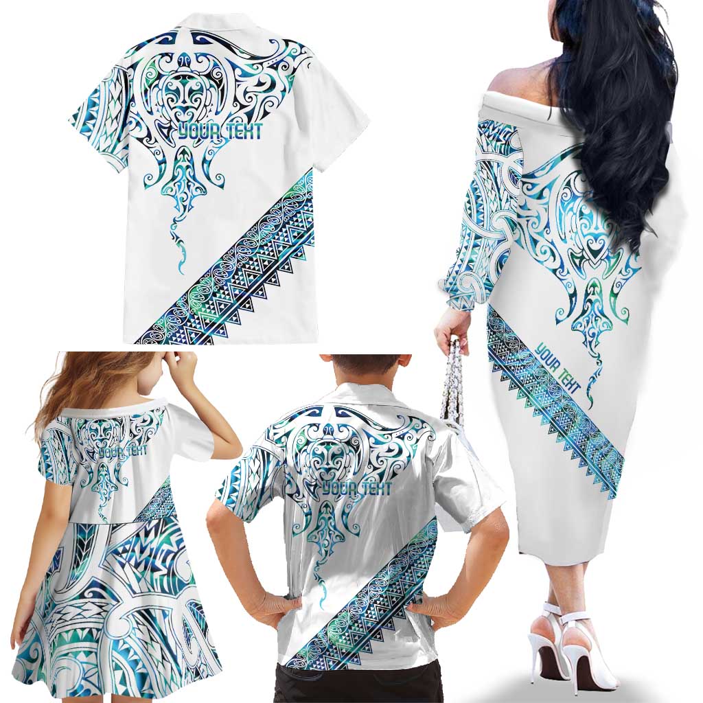 Kahui Whetu Paua shell Kowhaiwhai Taniko Personalised Family Matching Off The Shoulder Long Sleeve Dress and Hawaiian Shirt Manta Ray Shark-Turtle Maori Tribal Style