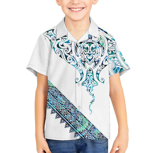 Kahui Whetu Paua shell Kowhaiwhai Taniko Personalised Family Matching Off Shoulder Maxi Dress and Hawaiian Shirt Manta Ray Shark-Turtle Maori Tribal Style