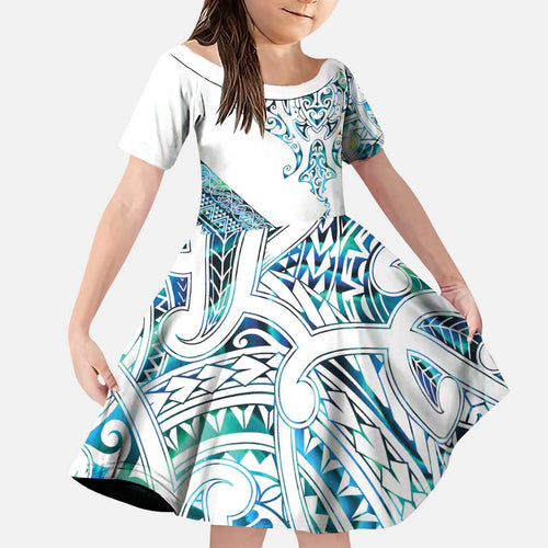 Kahui Whetu Paua shell Kowhaiwhai Taniko Personalised Family Matching Off Shoulder Short Dress and Hawaiian Shirt Manta Ray Shark-Turtle Maori Tribal Style