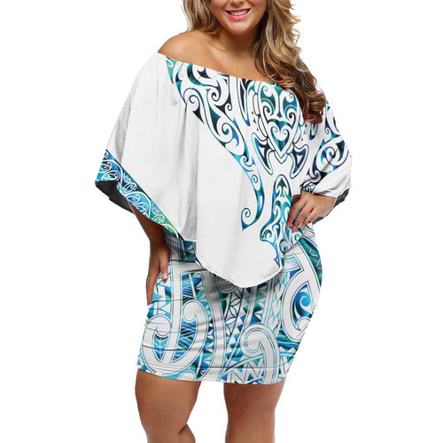 Kahui Whetu Paua shell Kowhaiwhai Taniko Personalised Family Matching Off Shoulder Short Dress and Hawaiian Shirt Manta Ray Shark-Turtle Maori Tribal Style