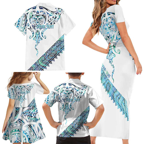 Kahui Whetu Paua shell Kowhaiwhai Taniko Personalised Family Matching Short Sleeve Bodycon Dress and Hawaiian Shirt Manta Ray Shark-Turtle Maori Tribal Style