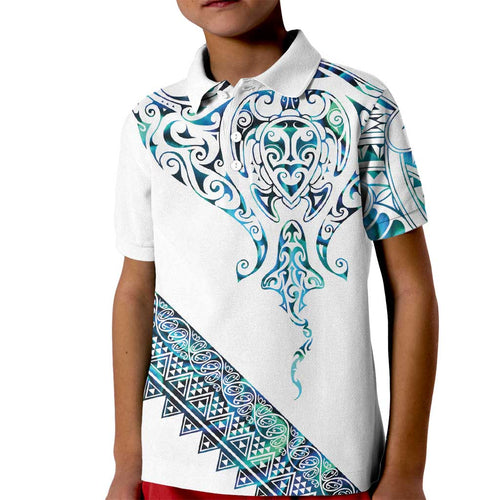Kahui Whetu Paua shell Kowhaiwhai Taniko Personalised Kid Polo Shirt Manta Ray Shark-Turtle Maori Tribal Style