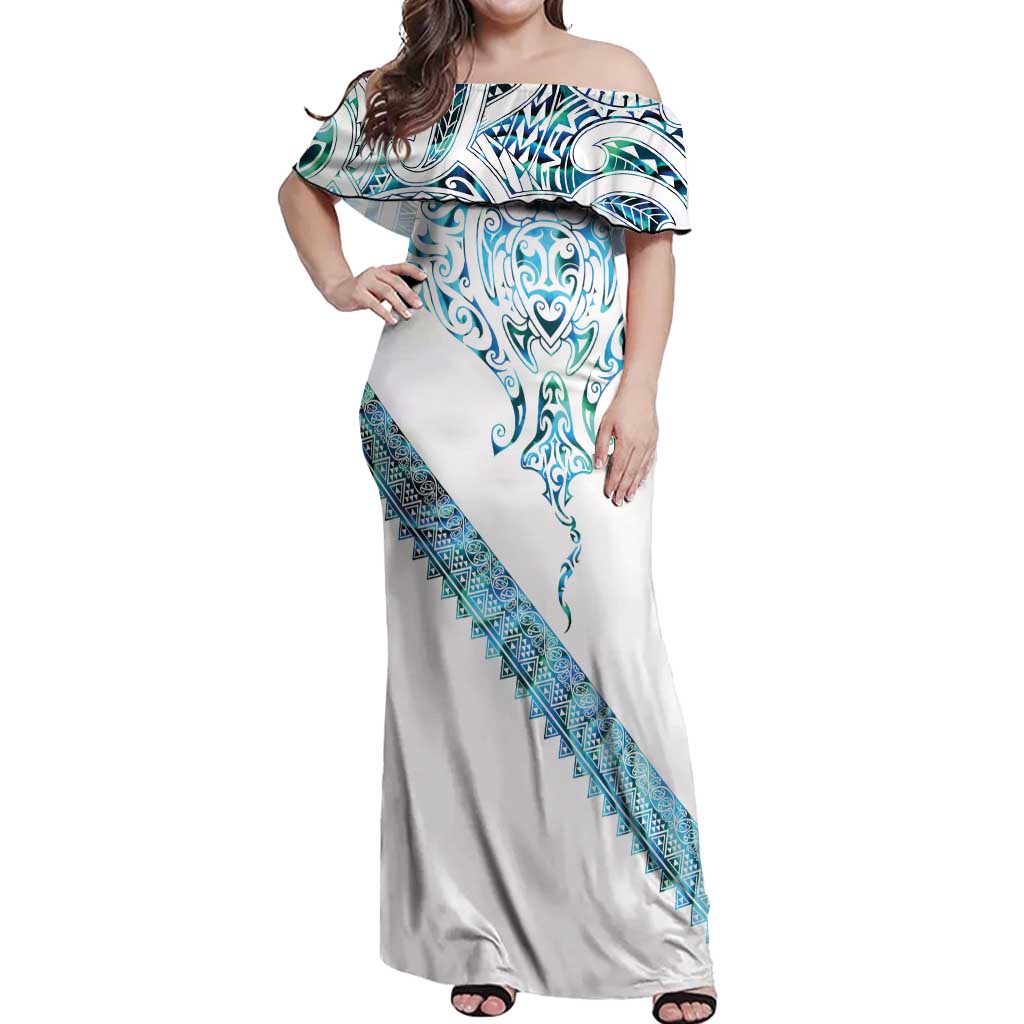 Kahui Whetu Paua shell Kowhaiwhai Taniko Personalised Off Shoulder Maxi Dress Manta Ray Shark-Turtle Maori Tribal Style