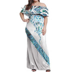 Kahui Whetu Paua shell Kowhaiwhai Taniko Personalised Off Shoulder Maxi Dress Manta Ray Shark-Turtle Maori Tribal Style