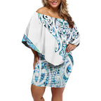 Kahui Whetu Paua shell Kowhaiwhai Taniko Personalised Off Shoulder Short Dress Manta Ray Shark-Turtle Maori Tribal Style