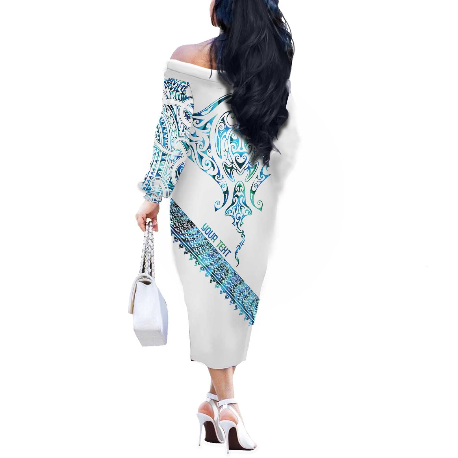 Kahui Whetu Paua shell Kowhaiwhai Taniko Personalised Off The Shoulder Long Sleeve Dress Manta Ray Shark-Turtle Maori Tribal Style