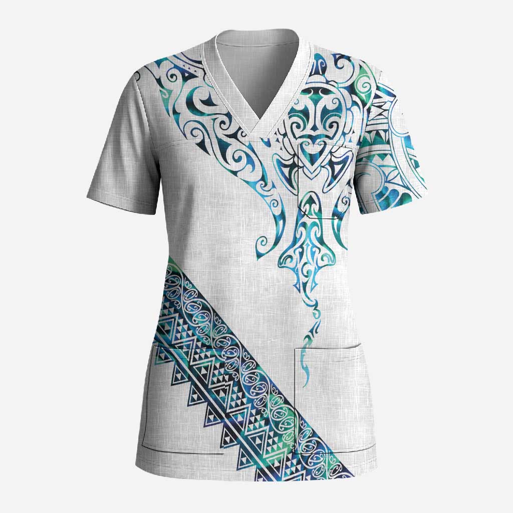 Kahui Whetu Paua shell Kowhaiwhai Taniko Personalised Scrub Top Manta Ray Shark-Turtle Maori Tribal Style