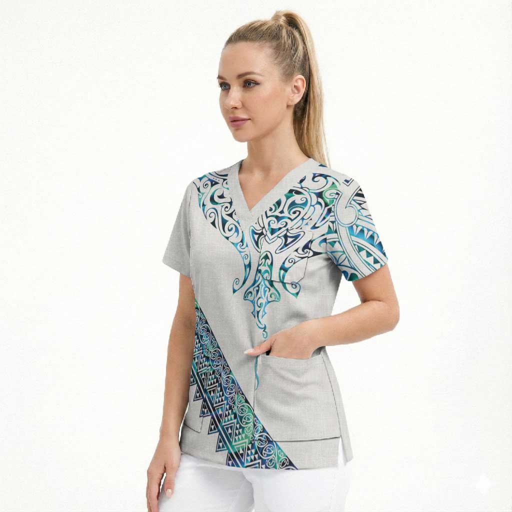 Kahui Whetu Paua shell Kowhaiwhai Taniko Personalised Scrub Top Manta Ray Shark-Turtle Maori Tribal Style
