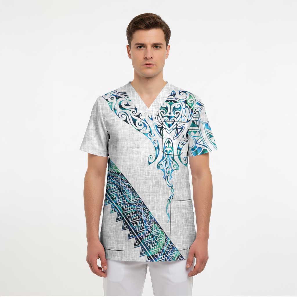 Kahui Whetu Paua shell Kowhaiwhai Taniko Personalised Scrub Top Manta Ray Shark-Turtle Maori Tribal Style