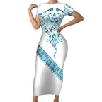Kahui Whetu Paua shell Kowhaiwhai Taniko Personalised Short Sleeve Bodycon Dress Manta Ray Shark-Turtle Maori Tribal Style