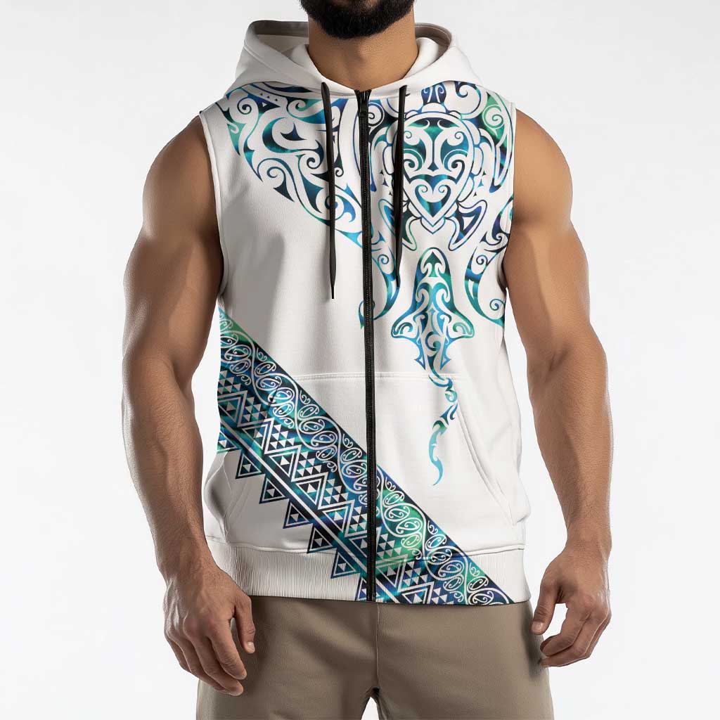 Kahui Whetu Paua shell Kowhaiwhai Taniko Personalised Sleeveless Zip Hoodie Manta Ray Shark-Turtle Maori Tribal Style
