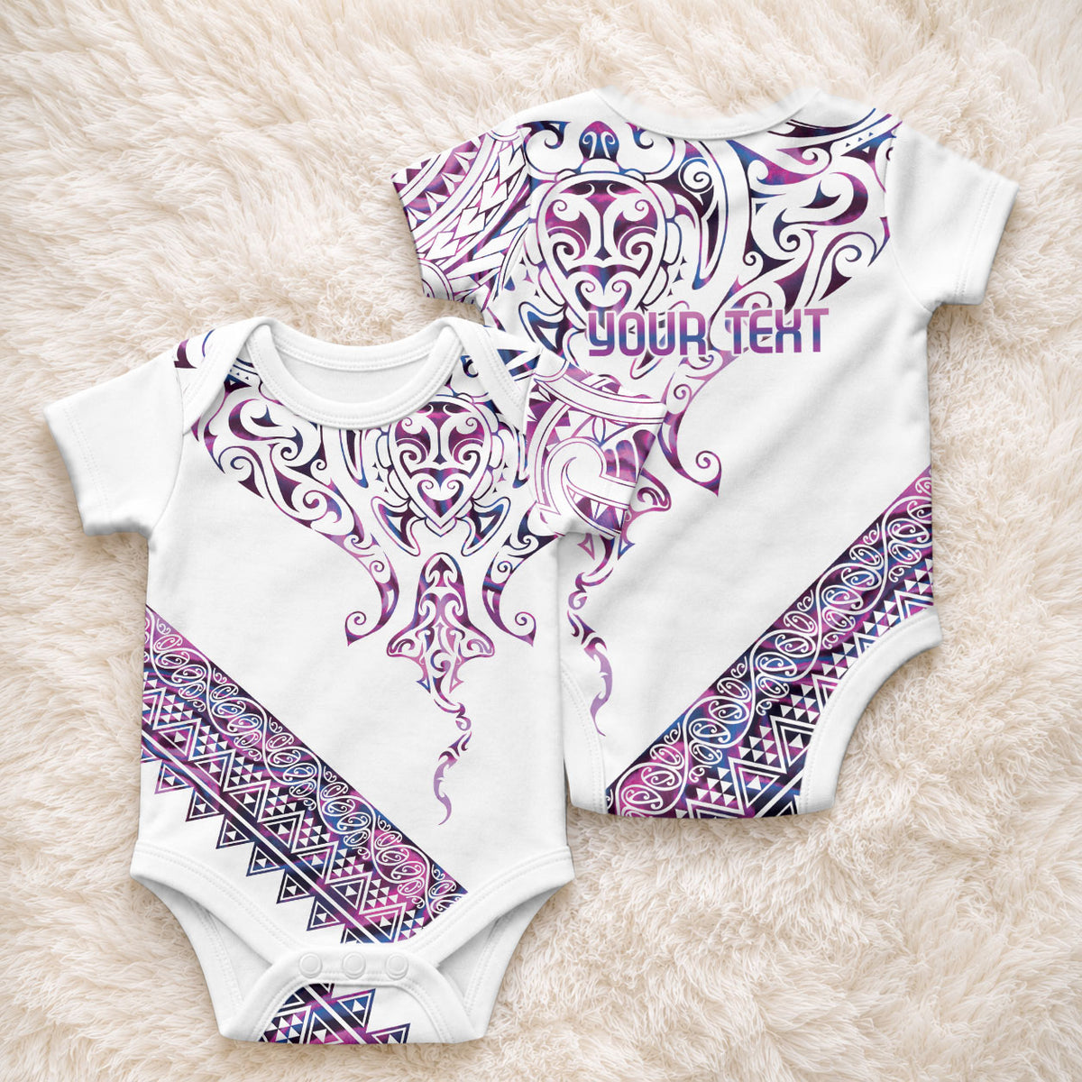Mawhero Paua shell Kowhaiwhai Taniko Personalised Baby Onesie Manta Ray Shark-Turtle Maori Tribal Style