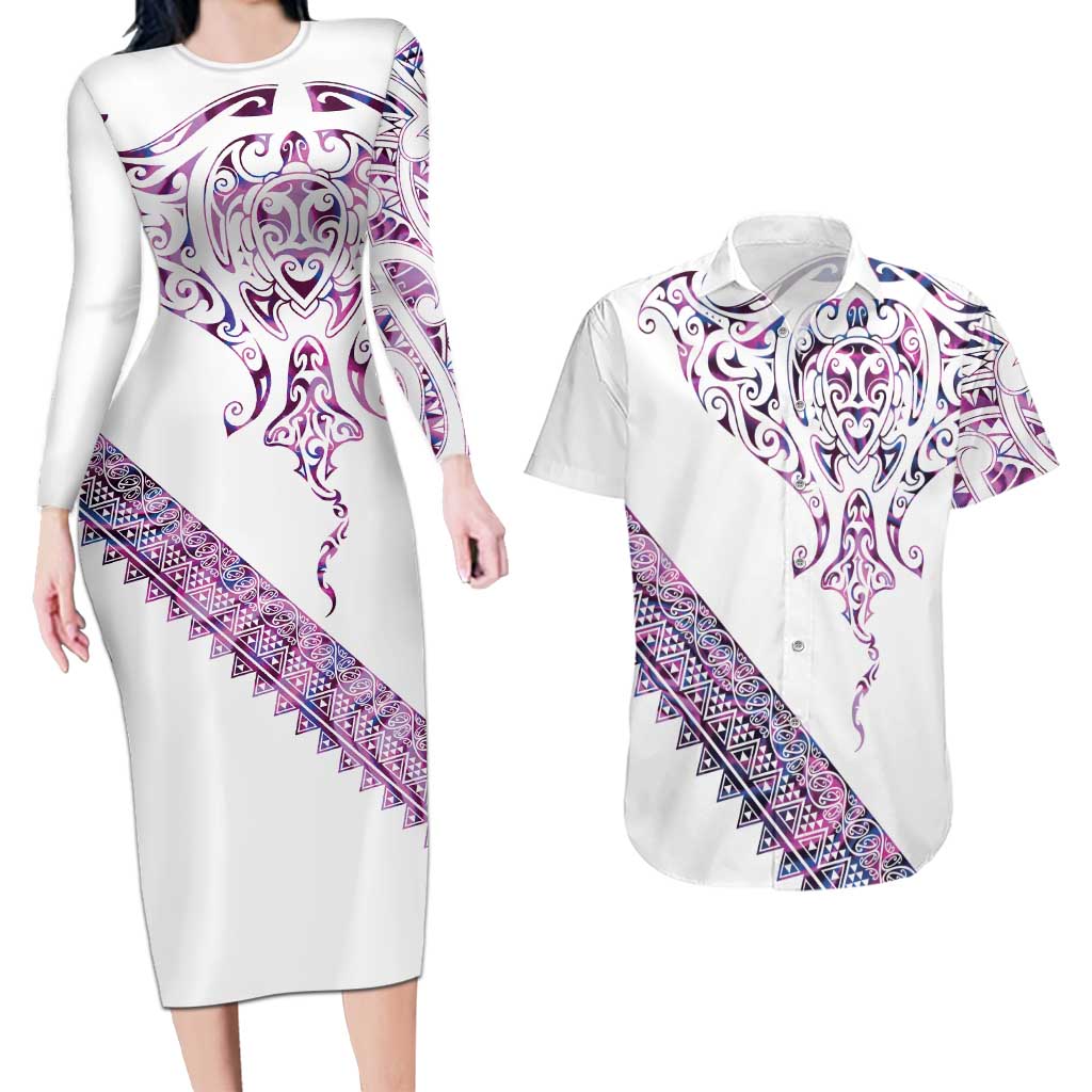 Mawhero Paua shell Kowhaiwhai Taniko Personalised Couples Matching Long Sleeve Bodycon Dress and Hawaiian Shirt Manta Ray Shark-Turtle Maori Tribal Style