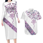 Mawhero Paua shell Kowhaiwhai Taniko Personalised Couples Matching Long Sleeve Bodycon Dress and Hawaiian Shirt Manta Ray Shark-Turtle Maori Tribal Style