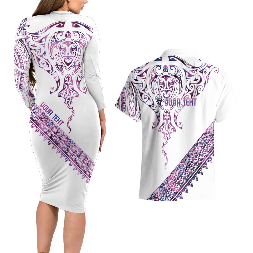 Mawhero Paua shell Kowhaiwhai Taniko Personalised Couples Matching Long Sleeve Bodycon Dress and Hawaiian Shirt Manta Ray Shark-Turtle Maori Tribal Style