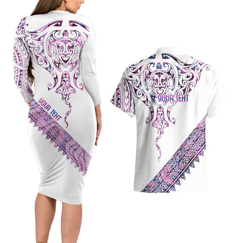 Mawhero Paua shell Kowhaiwhai Taniko Personalised Couples Matching Long Sleeve Bodycon Dress and Hawaiian Shirt Manta Ray Shark-Turtle Maori Tribal Style