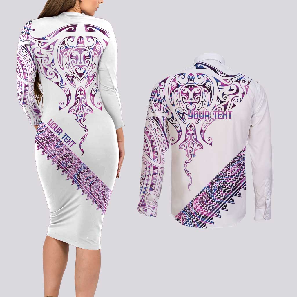 Mawhero Paua shell Kowhaiwhai Taniko Personalised Couples Matching Long Sleeve Bodycon Dress and Long Sleeve Button Shirt Manta Ray Shark-Turtle Maori Tribal Style