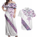 Mawhero Paua shell Kowhaiwhai Taniko Personalised Couples Matching Off Shoulder Maxi Dress and Hawaiian Shirt Manta Ray Shark-Turtle Maori Tribal Style