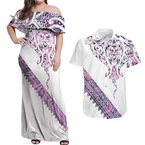 Mawhero Paua shell Kowhaiwhai Taniko Personalised Couples Matching Off Shoulder Maxi Dress and Hawaiian Shirt Manta Ray Shark-Turtle Maori Tribal Style