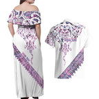 Mawhero Paua shell Kowhaiwhai Taniko Personalised Couples Matching Off Shoulder Maxi Dress and Hawaiian Shirt Manta Ray Shark-Turtle Maori Tribal Style