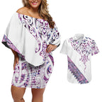 Mawhero Paua shell Kowhaiwhai Taniko Personalised Couples Matching Off Shoulder Short Dress and Hawaiian Shirt Manta Ray Shark-Turtle Maori Tribal Style