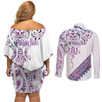 Mawhero Paua shell Kowhaiwhai Taniko Personalised Couples Matching Off Shoulder Short Dress and Long Sleeve Button Shirt Manta Ray Shark-Turtle Maori Tribal Style