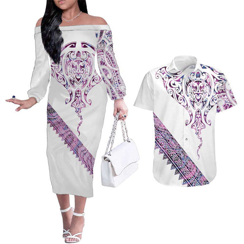 Mawhero Paua shell Kowhaiwhai Taniko Personalised Couples Matching Off The Shoulder Long Sleeve Dress and Hawaiian Shirt Manta Ray Shark-Turtle Maori Tribal Style