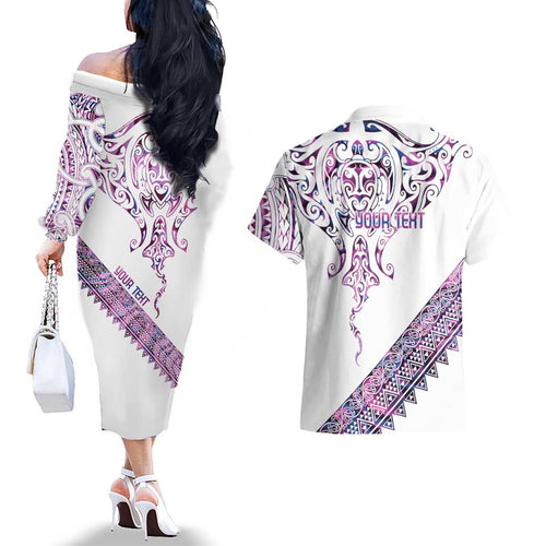 Mawhero Paua shell Kowhaiwhai Taniko Personalised Couples Matching Off The Shoulder Long Sleeve Dress and Hawaiian Shirt Manta Ray Shark-Turtle Maori Tribal Style