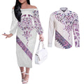 Mawhero Paua shell Kowhaiwhai Taniko Personalised Couples Matching Off The Shoulder Long Sleeve Dress and Long Sleeve Button Shirt Manta Ray Shark-Turtle Maori Tribal Style
