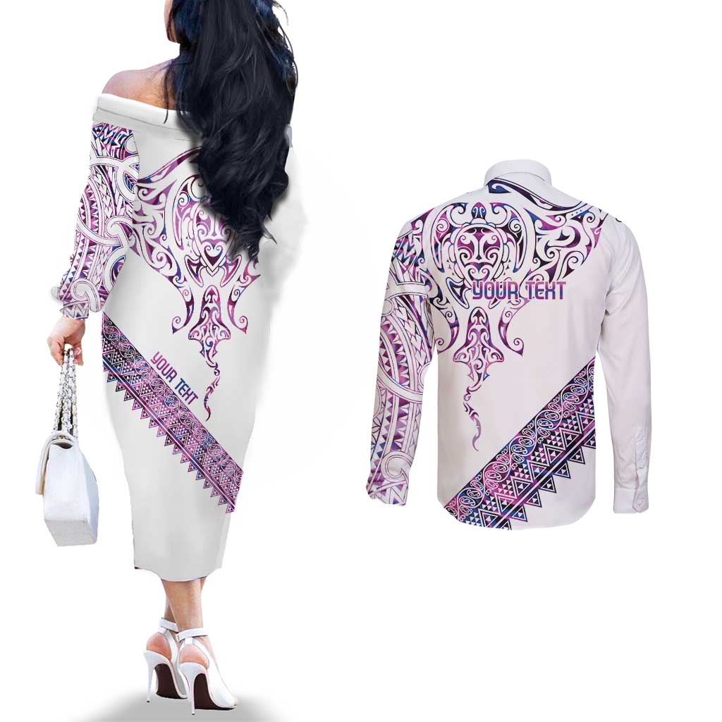 Mawhero Paua shell Kowhaiwhai Taniko Personalised Couples Matching Off The Shoulder Long Sleeve Dress and Long Sleeve Button Shirt Manta Ray Shark-Turtle Maori Tribal Style