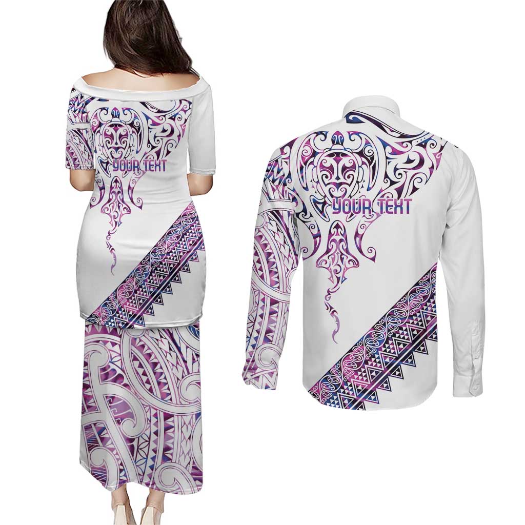 Mawhero Paua shell Kowhaiwhai Taniko Personalised Couples Matching Puletasi and Long Sleeve Button Shirt Manta Ray Shark-Turtle Maori Tribal Style