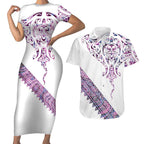 Mawhero Paua shell Kowhaiwhai Taniko Personalised Couples Matching Short Sleeve Bodycon Dress and Hawaiian Shirt Manta Ray Shark-Turtle Maori Tribal Style